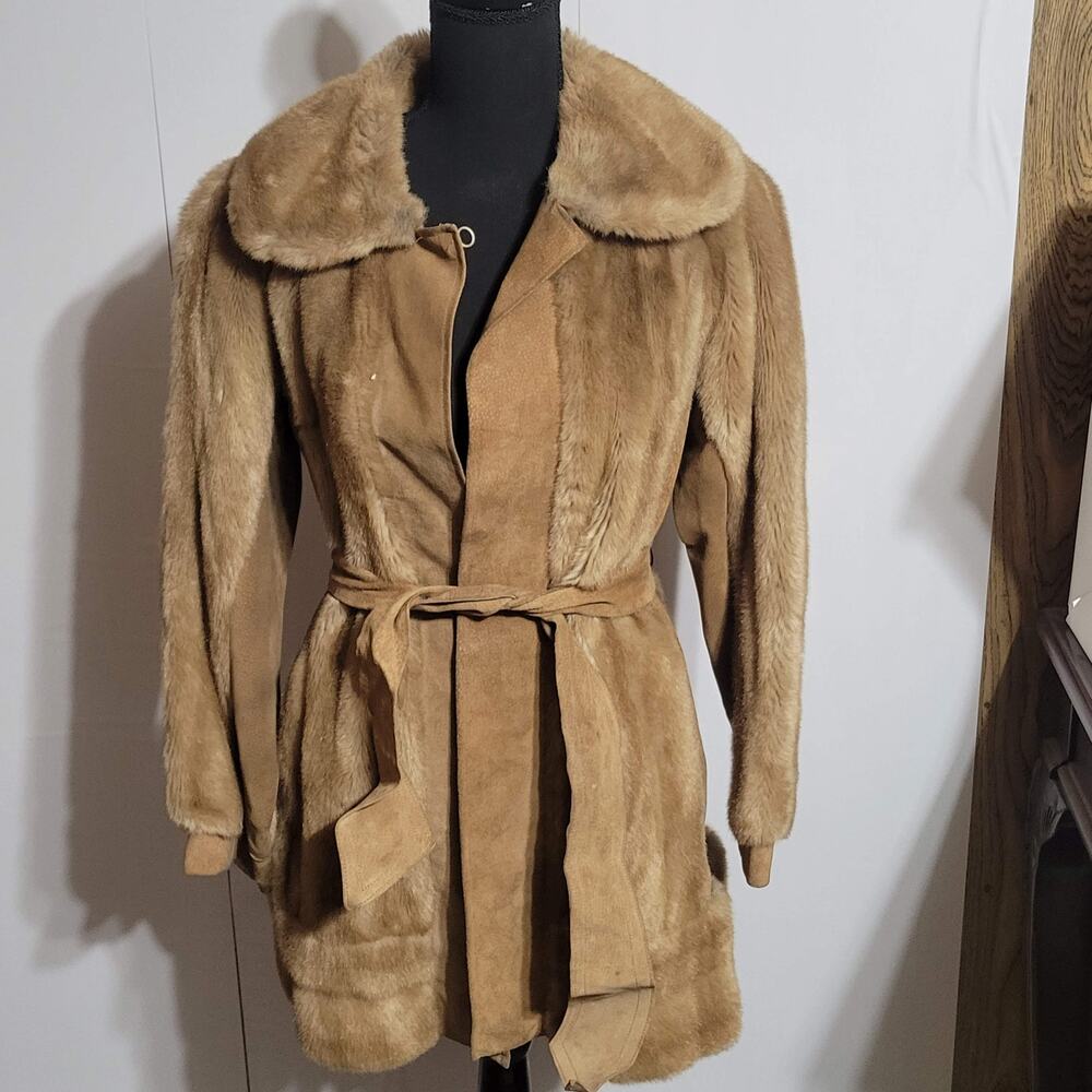 Lilli Ann Leather Fur Tie Waist Coat Small